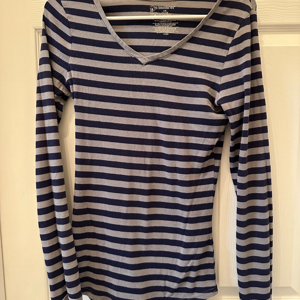 No Boundaries Navy and Gray Striped Long Sleeve Tee